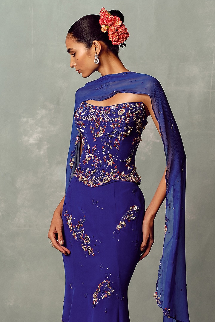Royal Blue Woven Organza Skirt Set by Dolly J at Pernia's Pop Up Shop