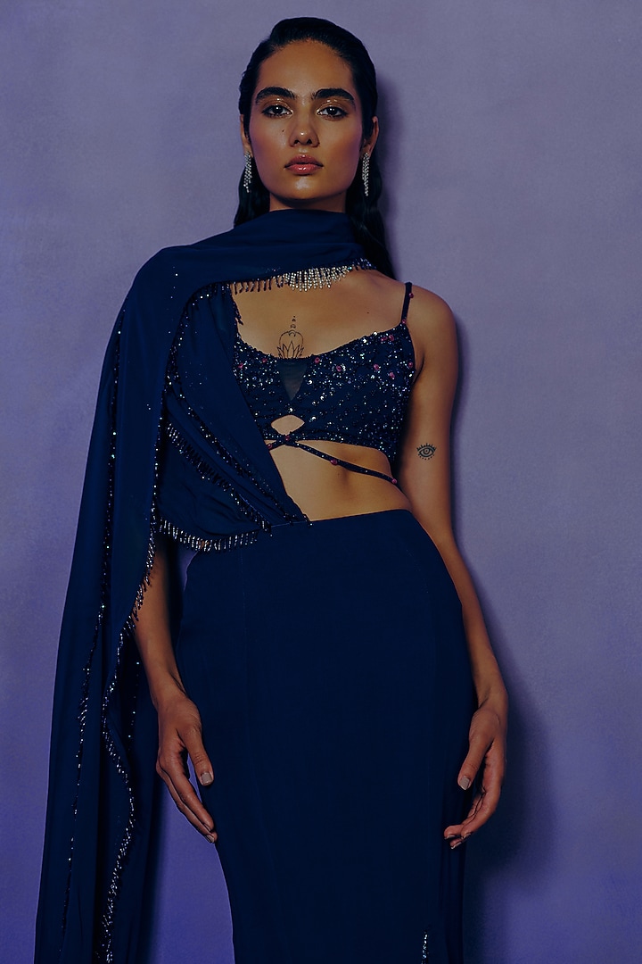 Cobalt Blue Crepe Fluid Draped Reception Saree Set by Dolly J at Pernia's Pop Up Shop