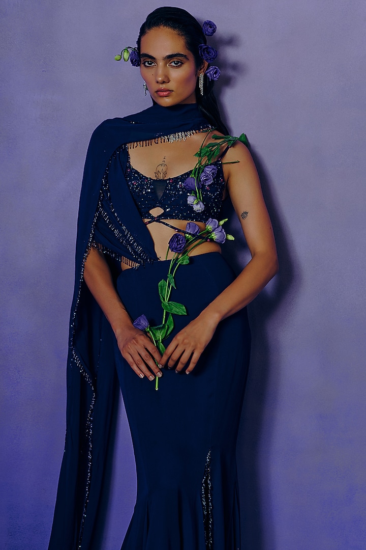 Cobalt Blue Crepe Fluid Draped Reception Saree Set by Dolly J at Pernia's Pop Up Shop