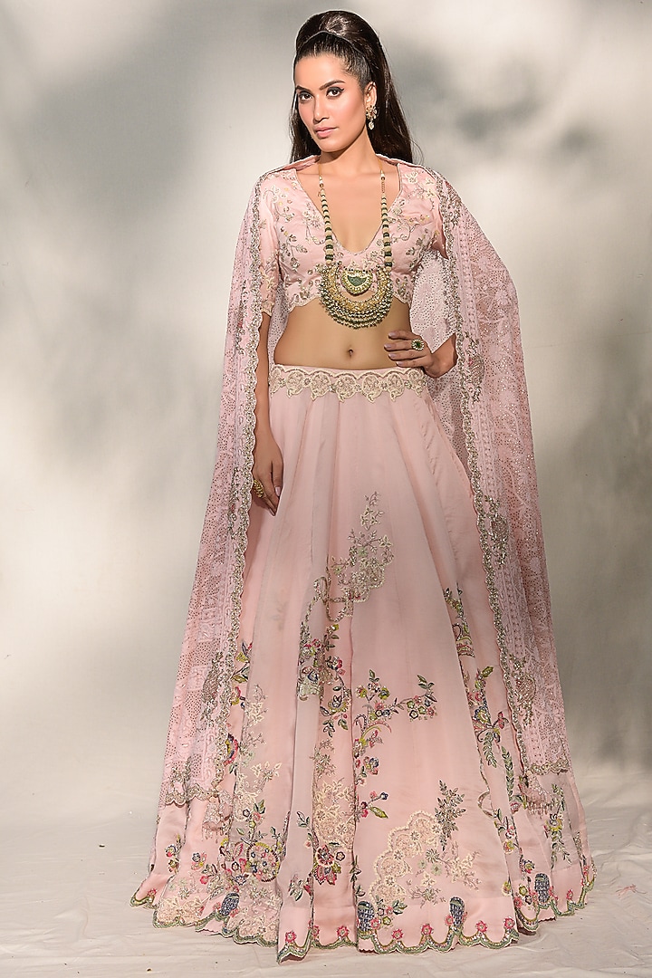 Rose Pink Embroidered Lehenga Set Design by Dolly J at Pernia's Pop Up