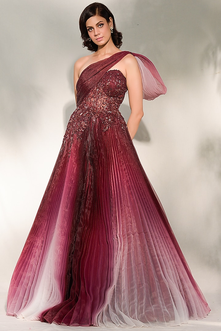 Burgundy Embroidered & Pleated Gown by Dolly J