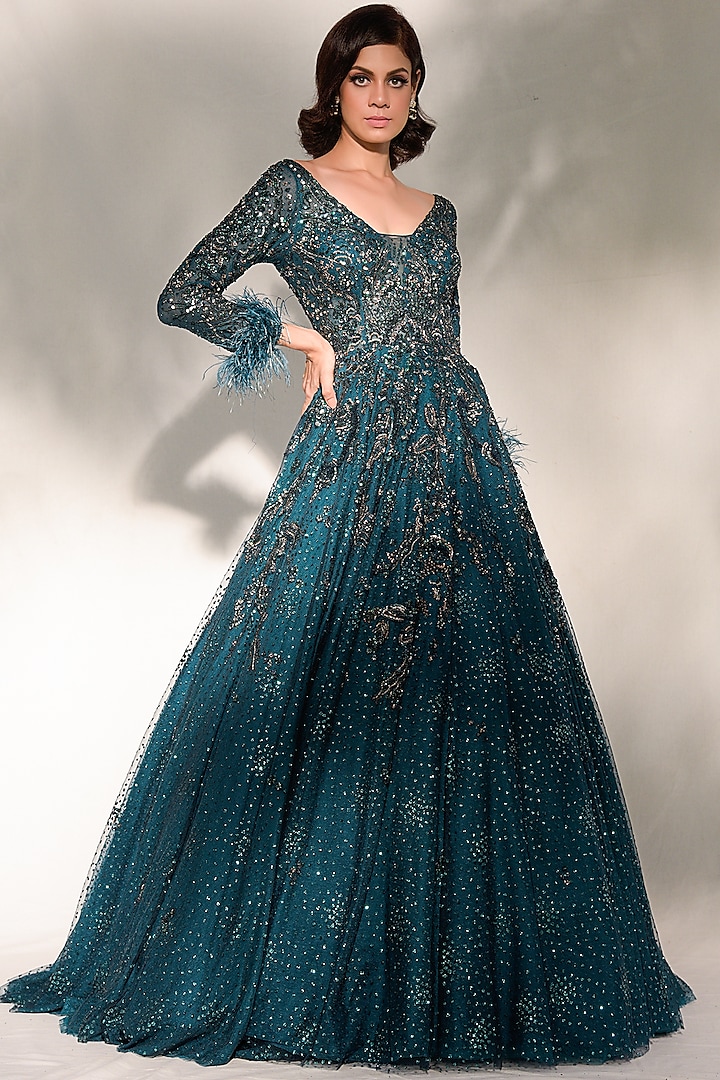 Teal Green Embroidered Gown by Dolly J