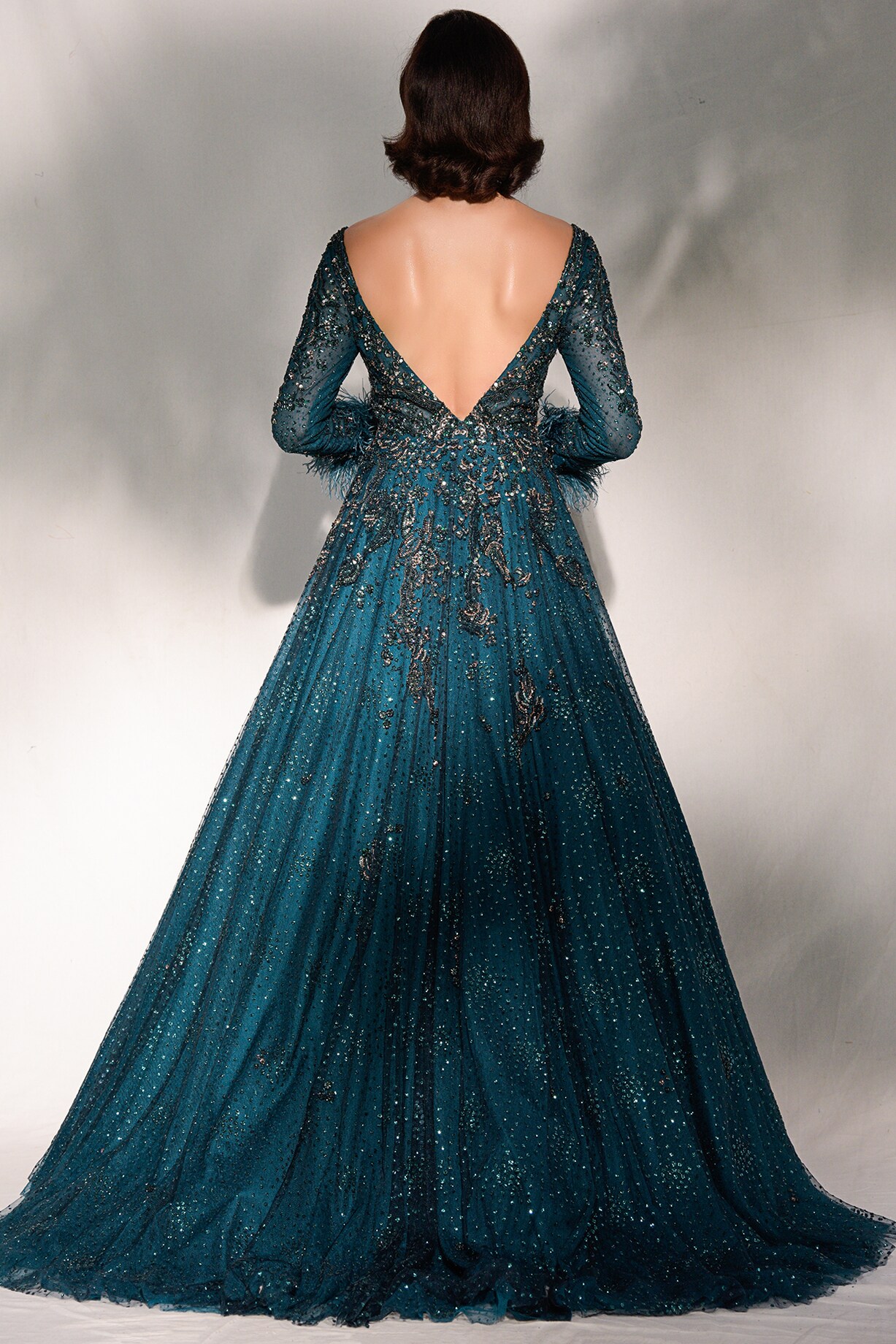 Teal Green Floral Embroidered Gown