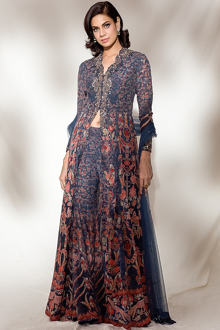 Blue Printed & Embroidered Wedding Sharara Set by Dolly J at Pernia's Pop Up Shop