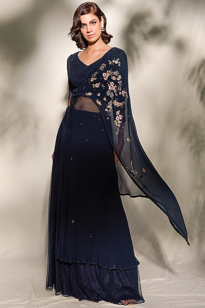 Midnight Blue Draped Saree Gown by Dolly J