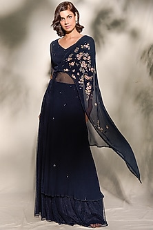 Midnight Blue Draped Saree Gown by Dolly J-GOWN SAREE