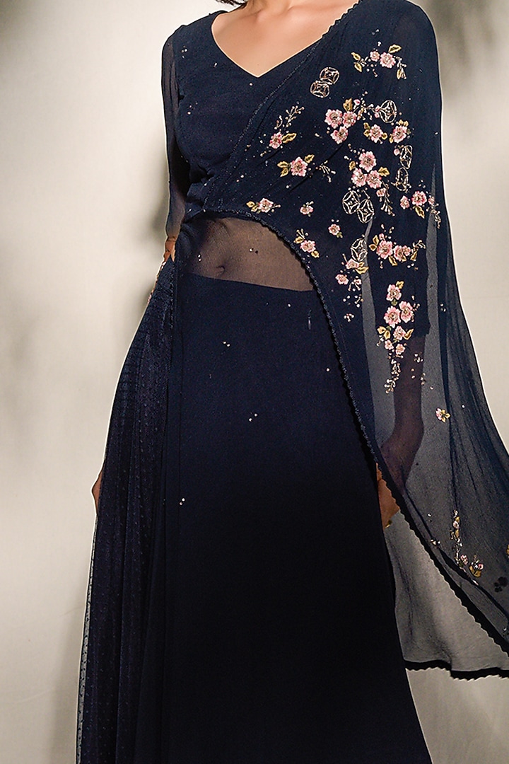 Midnight Blue Draped Wedding Saree Gown by Dolly J at Pernia's Pop Up Shop