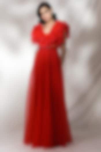 Red Embroidered & Ruffled Gown by Dolly J
