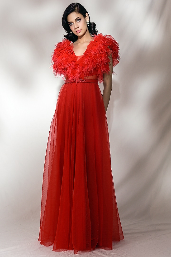 Red Embroidered & Ruffled Gown by Dolly J