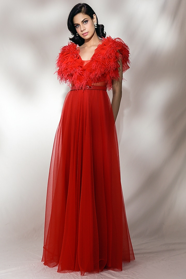 Red Embroidered & Ruffled Gown by Dolly J at Pernia's Pop Up Shop