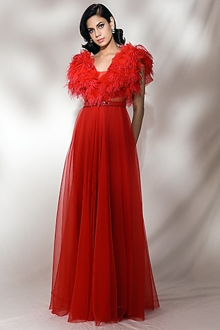 Red Embroidered & Ruffled Gown by Dolly J