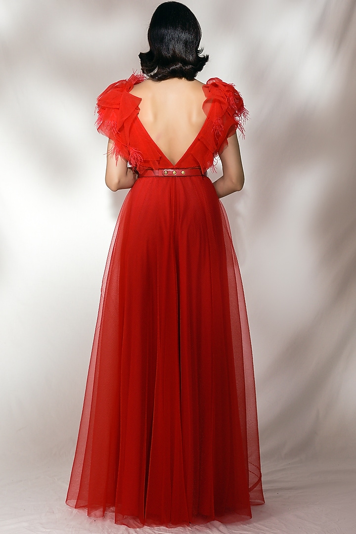 Red Embroidered & Ruffled Engagement Gown by Dolly J at Pernia's Pop Up Shop