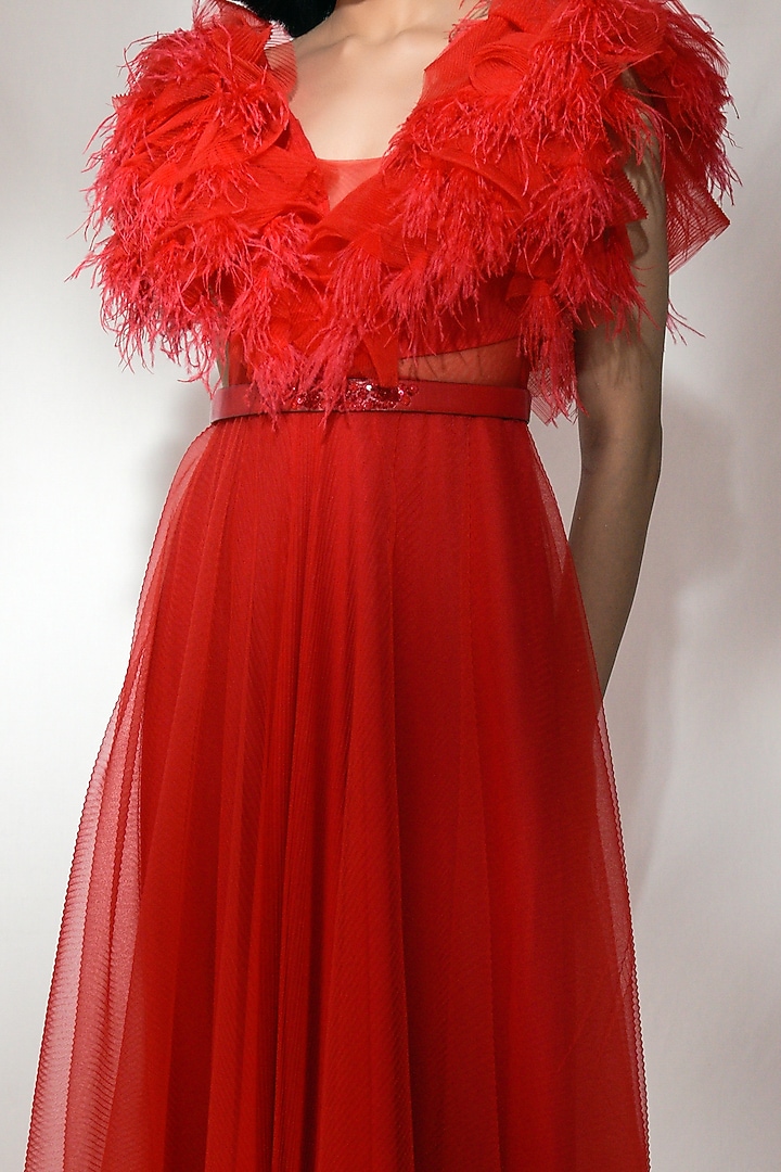 Red Embroidered & Ruffled Engagement Gown by Dolly J at Pernia's Pop Up Shop