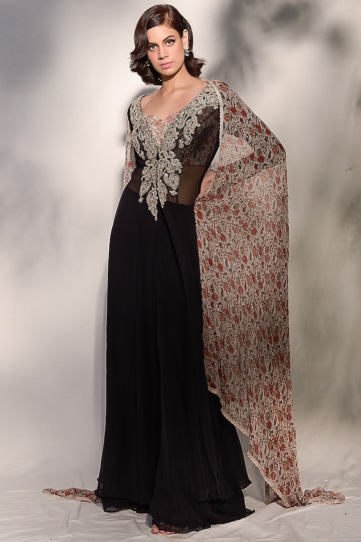 Black Embroidered Sharara Set by Dolly J