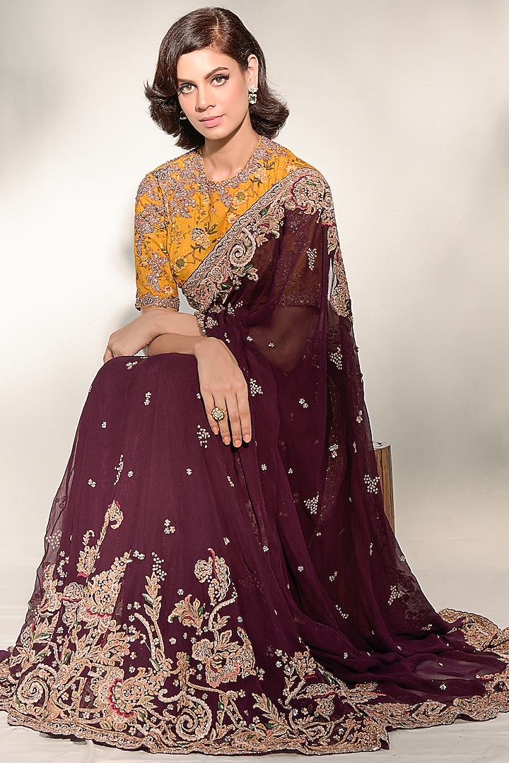 Wine Embroidered Saree Set by Dolly J at Pernia's Pop Up Shop