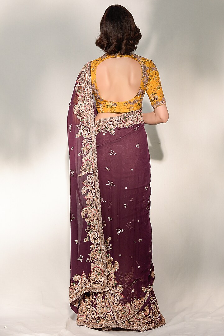 Wine Embroidered Reception Saree Set by Dolly J at Pernia's Pop Up Shop
