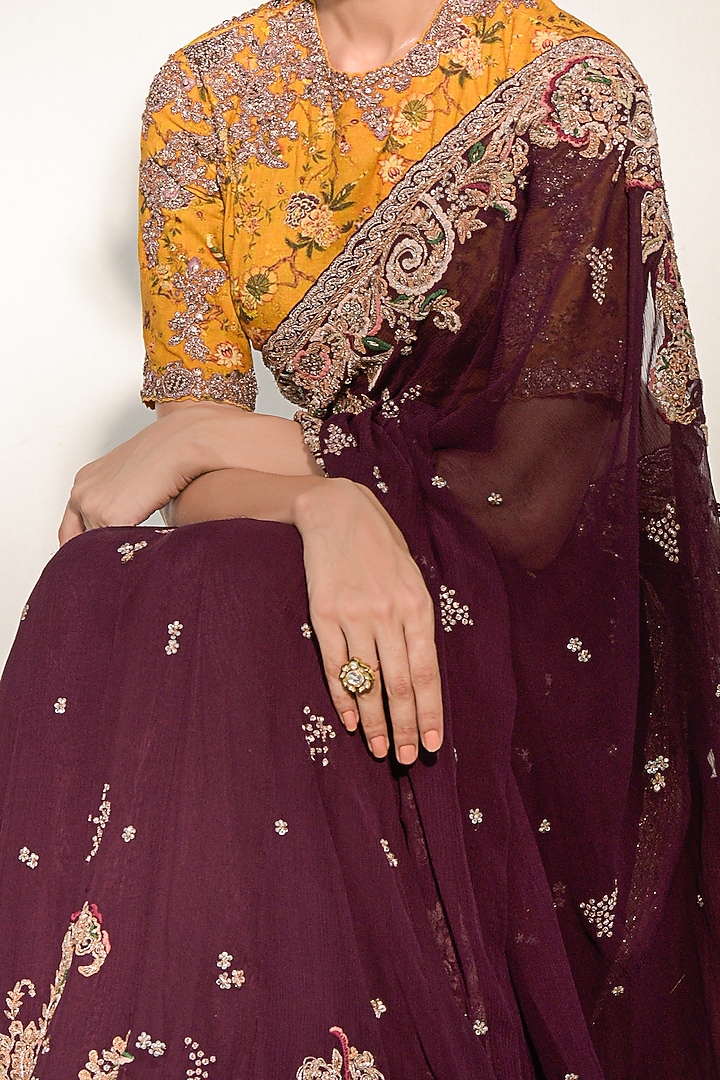 Wine Embroidered Reception Saree Set by Dolly J at Pernia's Pop Up Shop