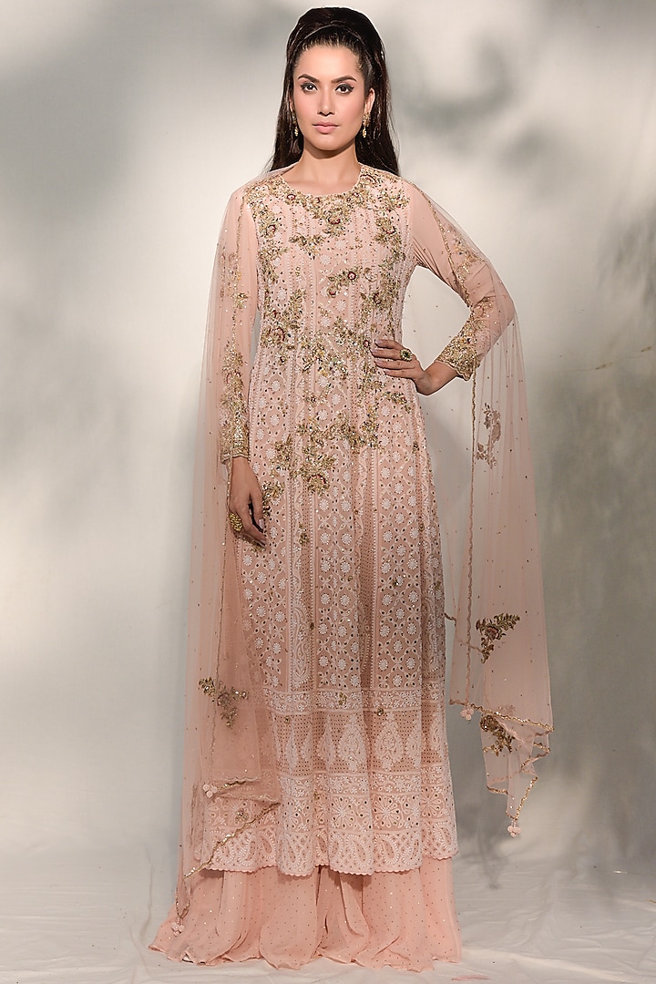Apricot Peach Embroidered Kurta Set by Dolly J