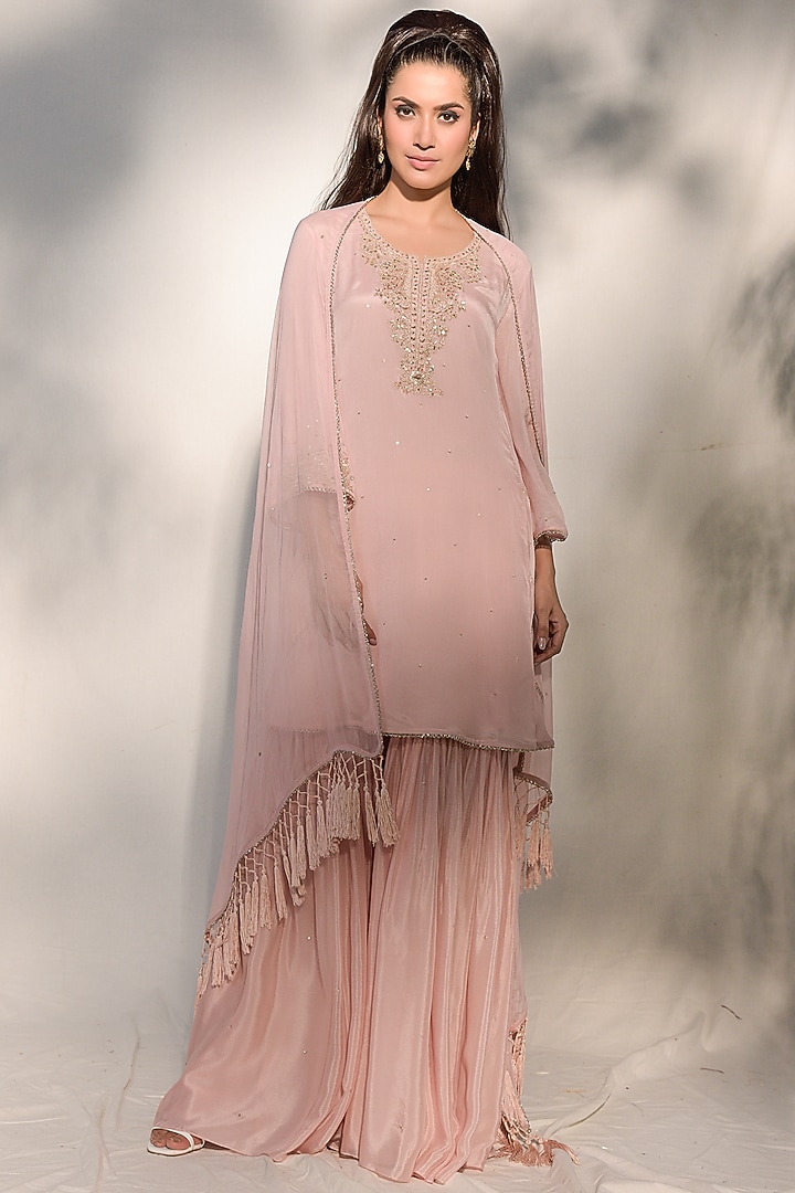 Apricot Embroidered Sharara Set Design by Dolly J at Pernia's Pop Up
