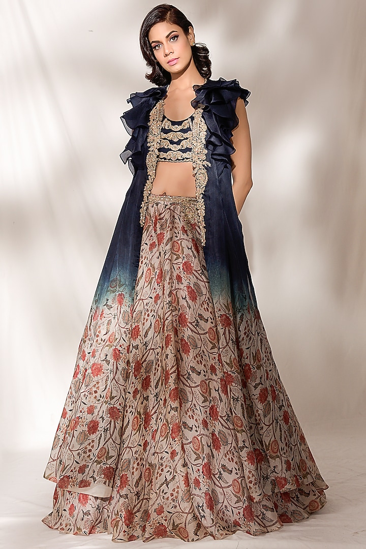 Beige & Navy Blue Embroidered Lehenga Set by Dolly J