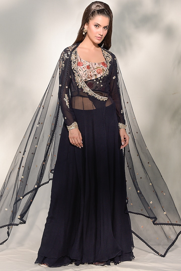 Navy Blue Embroidered Sharara Set by Dolly J