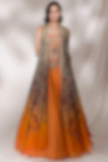 Orange Embroidered Wedding Lehenga Set by Dolly J at Pernia's Pop Up Shop
