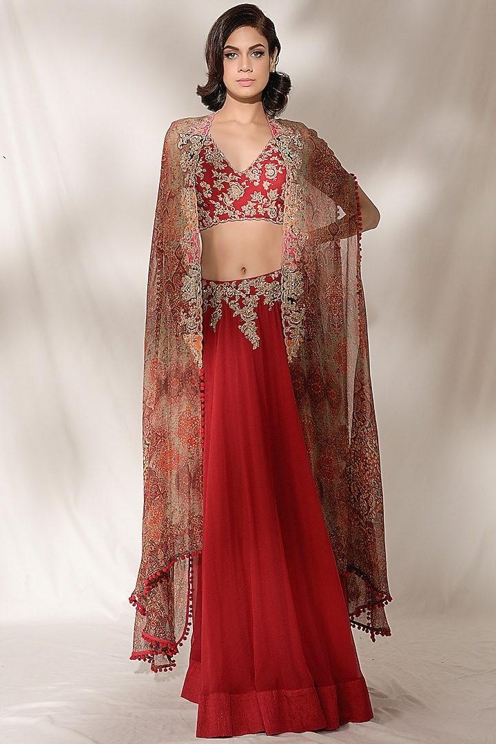Plum Red Embroidered Sharara Set by Dolly J
