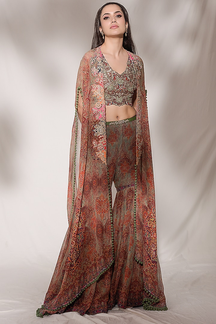 Brown Embroidered Sharara Set Design by Dolly J at Pernia's Pop Up Shop