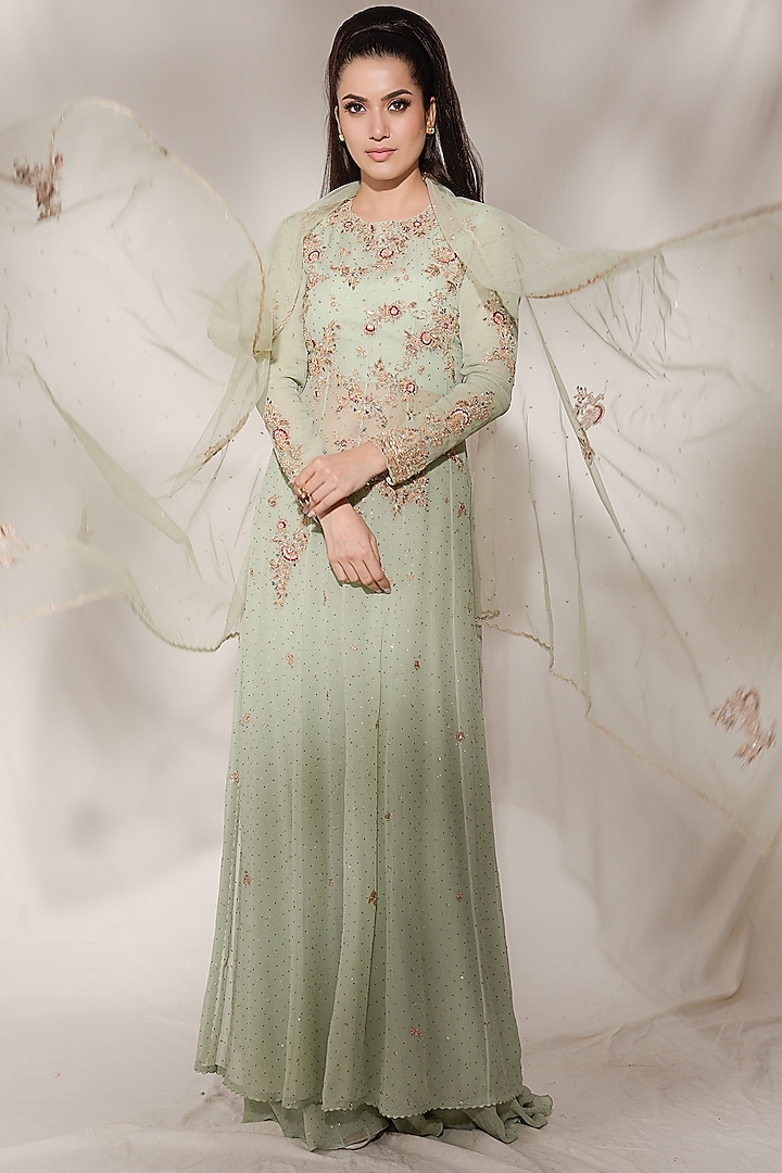 Mint Green Embroidered Sharara Set by Dolly J