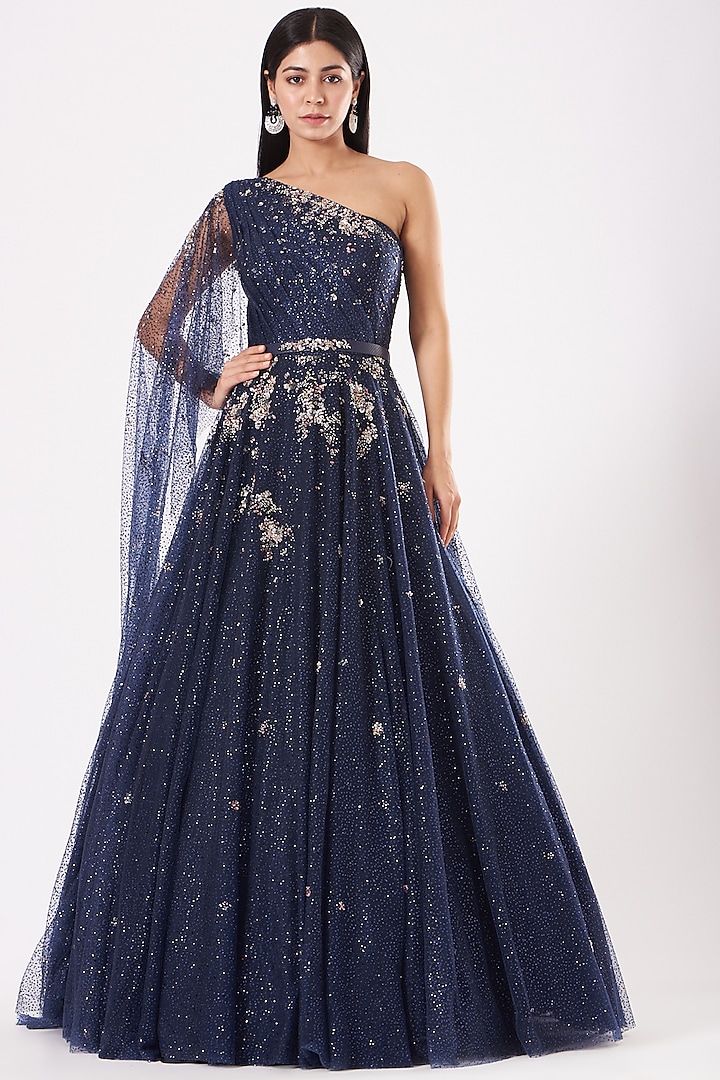 Navy Blue Hand Embroidered Gown by Dolly J