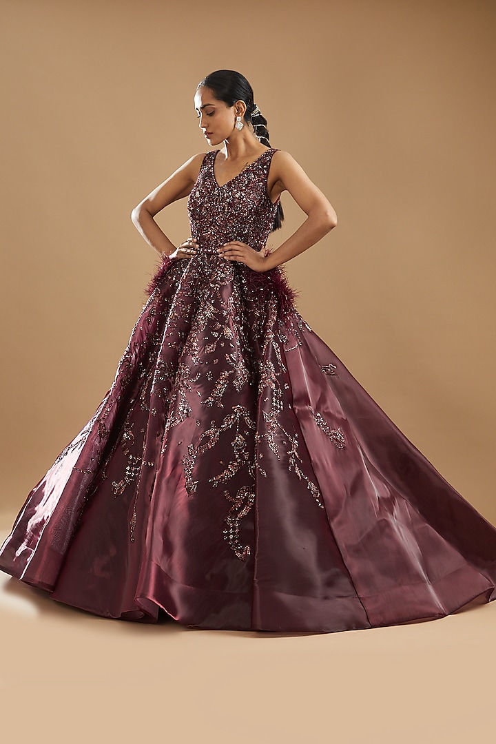 Maroon Shimmer Tulle Embellished Gown by Dolly J