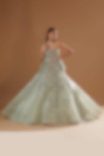 Mint Green Handwoven Metallic Organza Embroidered Gown by Dolly J