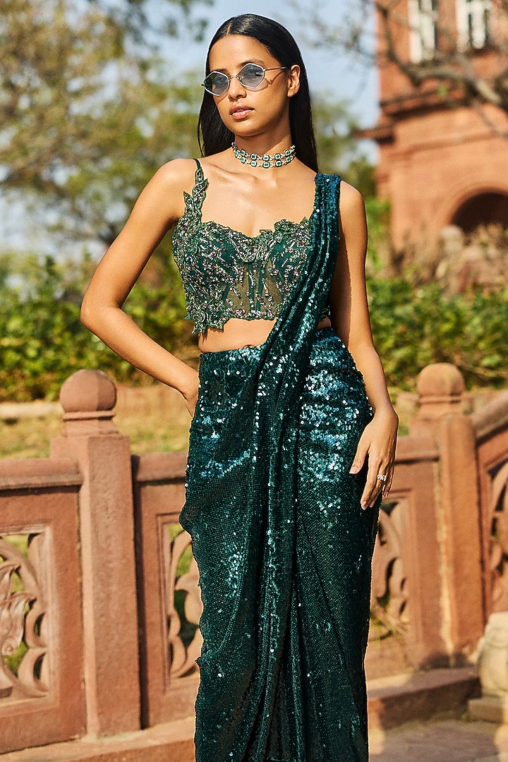 Emerald Green Sequins Lycra Draped Reception Saree Set by Dolly J at Pernia's Pop Up Shop