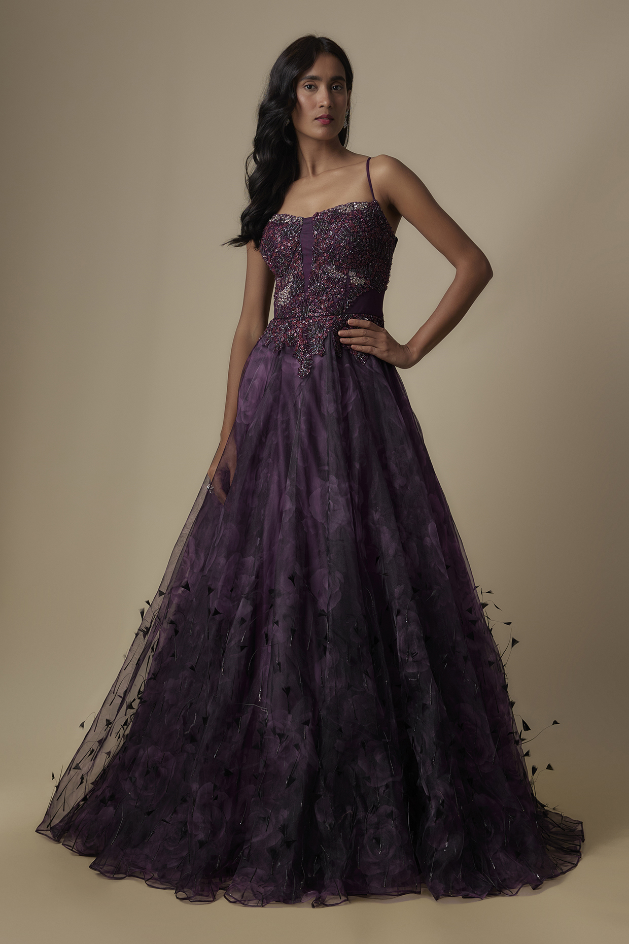 Purple Organza Printed & Embellished Wedding Gown by Dolly J at Pernia's Pop Up Shop