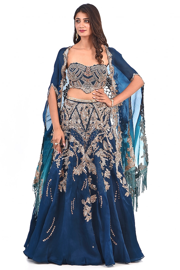Blue Silk Organza Jacket Bridal Lehenga Set by Dolly J at Pernia's Pop Up Shop