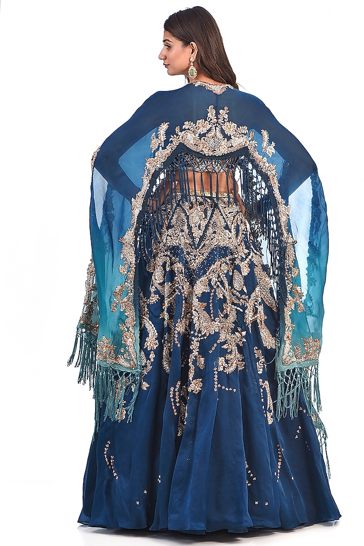 Blue Silk Organza Jacket Bridal Lehenga Set by Dolly J at Pernia's Pop Up Shop