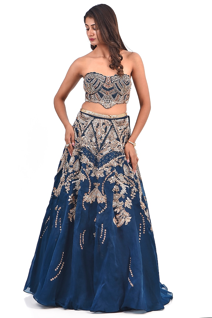 Blue Silk Organza Jacket Bridal Lehenga Set by Dolly J at Pernia's Pop Up Shop