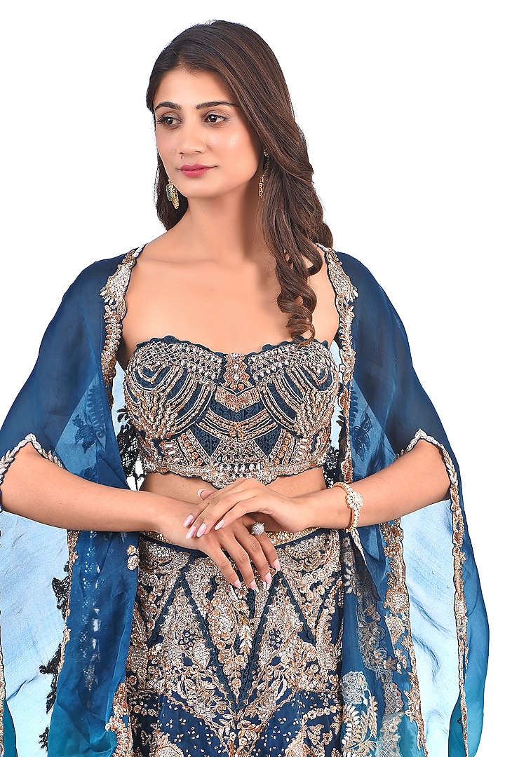 Blue Silk Organza Jacket Bridal Lehenga Set by Dolly J at Pernia's Pop Up Shop