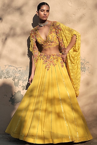 Yellow Chiffon Dori Embroidered Chikankari Lehenga Set by Dolly J