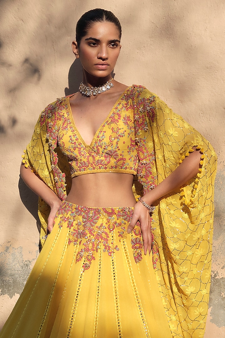 Yellow Chiffon Dori Embroidered Chikankari Wedding Lehenga Set by Dolly J at Pernia's Pop Up Shop