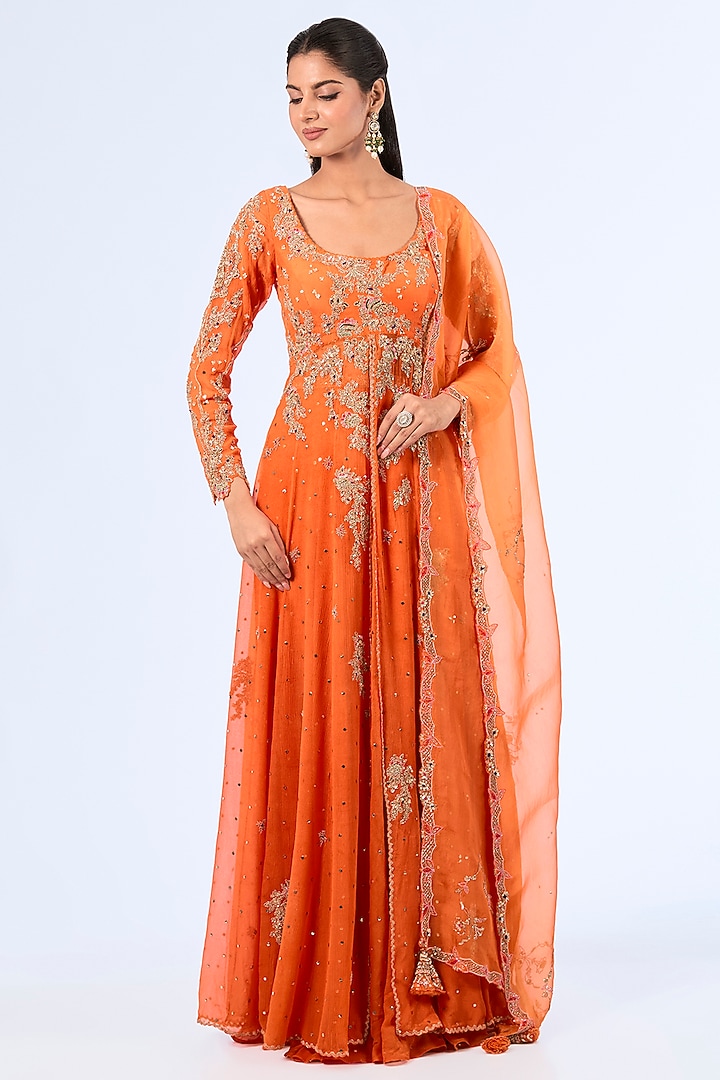 Orange Chiffon Embroidered Kurta Set by Dolly J at Pernia's Pop Up Shop