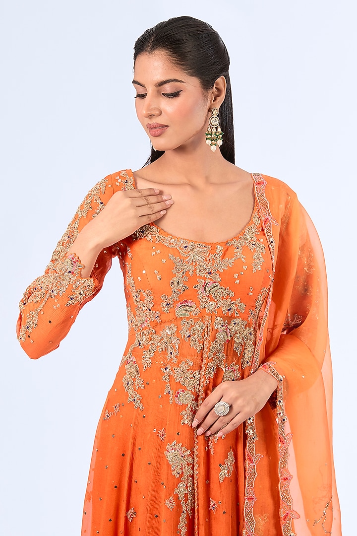 Marigold Orange Chiffon & Organza Kurta Set by Dolly J at Pernia's Pop Up Shop