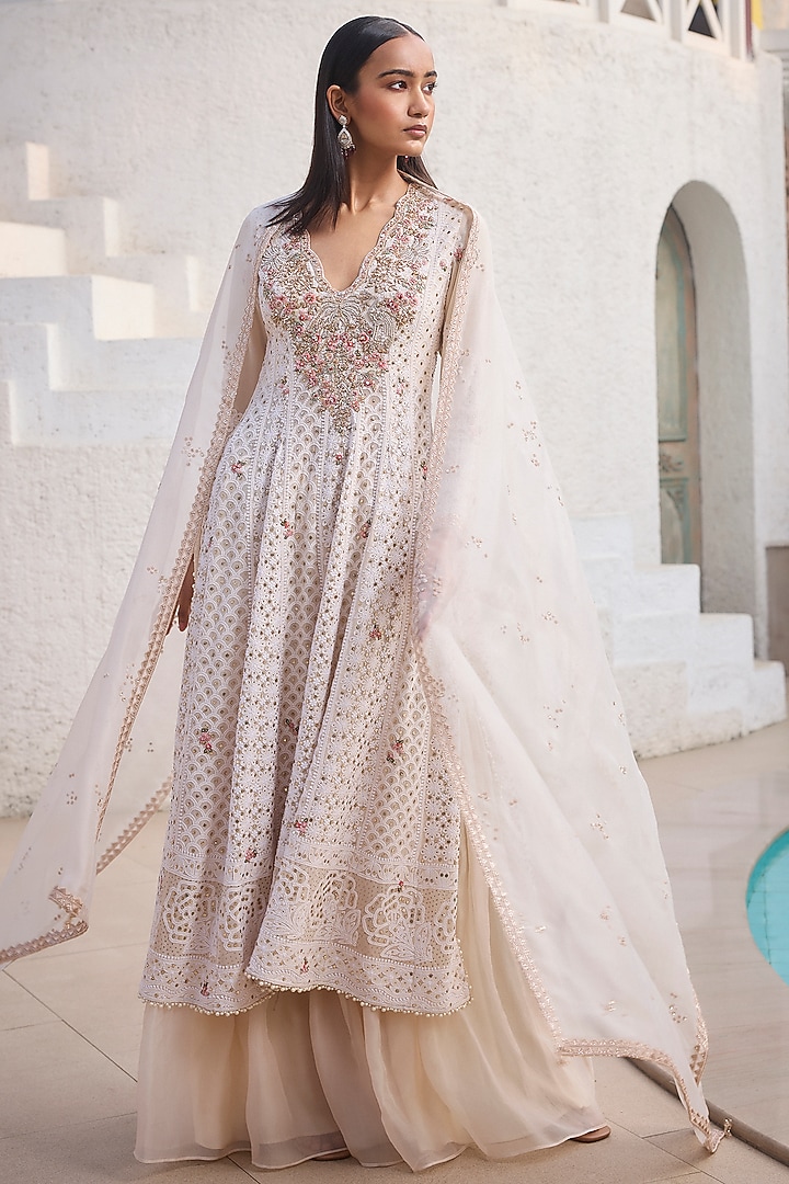 Ivory Chiffon Chikankari Kalidar Kurta Set by Dolly J at Pernia's Pop Up Shop