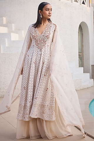 Ivory Chiffon Chikankari Kalidar Kurta Set by Dolly J