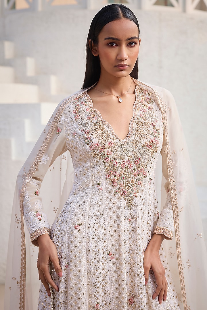 Ivory Chiffon Chikankari Kalidar Kurta Set by Dolly J at Pernia's Pop Up Shop