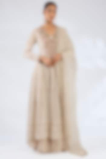 Ivory Chiffon Chikankari & Zardosi Work Kalidar Kurta Set by Dolly J at Pernia's Pop Up Shop