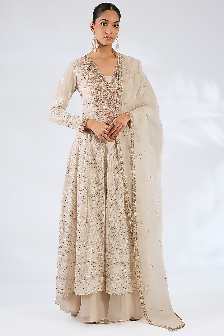 Ivory Chiffon Chikankari & Zardosi Work Kalidar Kurta Set by Dolly J at Pernia's Pop Up Shop