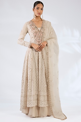 Ivory Chiffon Chikankari Kalidar Kurta Set by Dolly J
