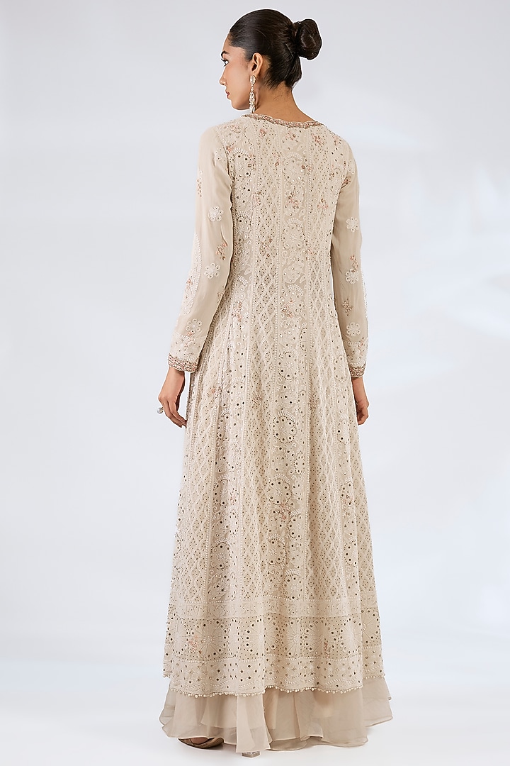 Ivory Chiffon Chikankari Kalidar Kurta Set by Dolly J at Pernia's Pop Up Shop