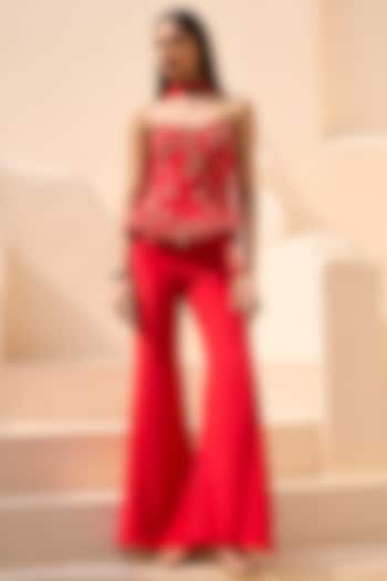 Scarlet Red Chiffon Sequins Embroidered Pant Set by Dolly J at Pernia's Pop Up Shop